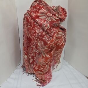 100% Viscose Floral Red and Cream Scarf With Fringe 75x29" Wrap Shawl